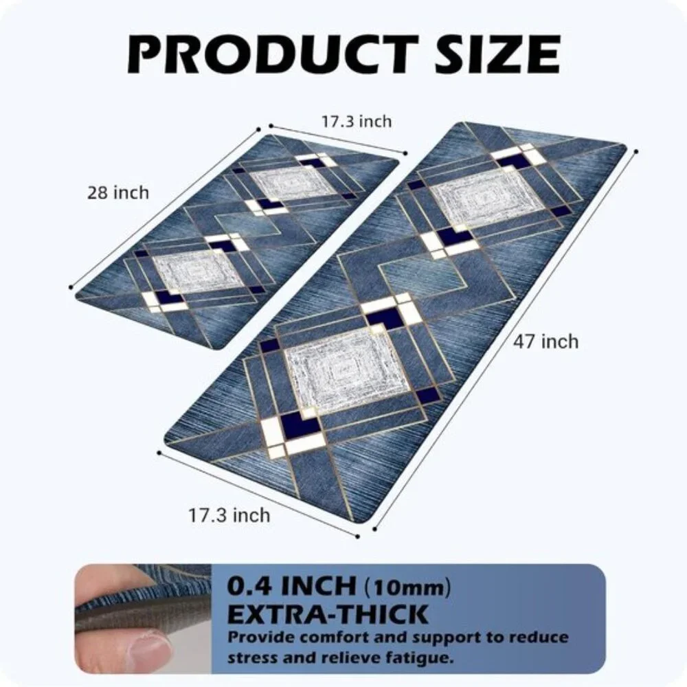 New Set of 2 Navy Grey Anti Fatigue Non-Slip Rubber Cushioned Kitchen Rugs